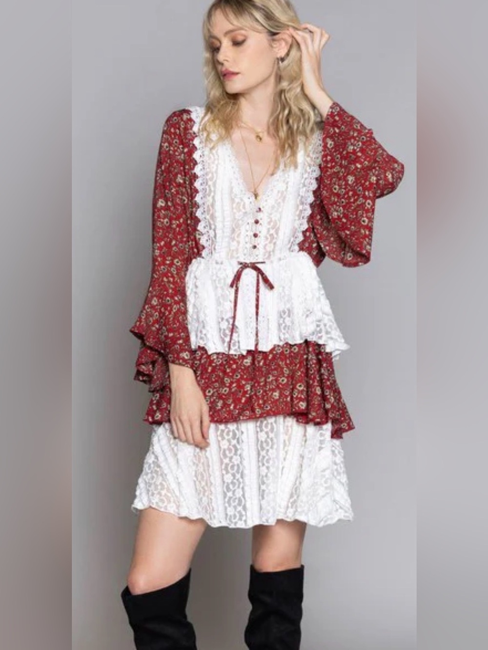 POL NWT Boho Lace Floral Babydoll Mini Dress Small Burgundy Ivory Cottagecore